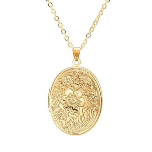 POYAMUSE Retro Flower Locket Pendant Necklace - Vintage Copper Colored Charms Locket Jewelry for Memorial Keepsake DIY Locket Gift - color: Gold