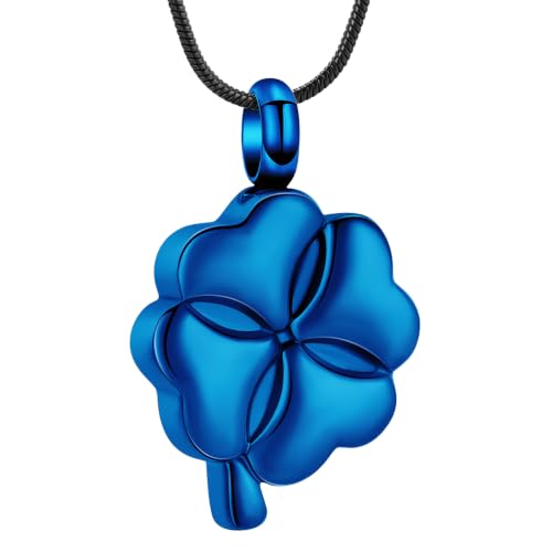 Cremation Jewelry Memorial Urn Necklace for Ashes Lucky Four-Leaf Clover Urn Pendant Necklace Ashes Keepsake for Women Men - color: Blue