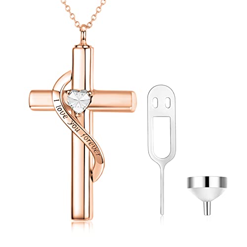 SOULMEET Personalize Solid 10k 14k 18k Real Gold Birthstone Cross Locket for Ashes, Simulated Gemstone Cross Urn Necklaces with Gold Chain Keepsake Cremation Jewelry - style: D-Rose Gold April