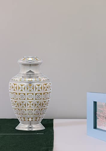 BOLD & DIVINE Cremation Urn for Human Ashes Adult Brass Funeral Urn |Metal Hand Engraving Large Urn | for Adults Display Burial at Home or in Niche at Columbarium (Silvery Shine/Golden Flower) - color: Silvery Shine / Golden Flower