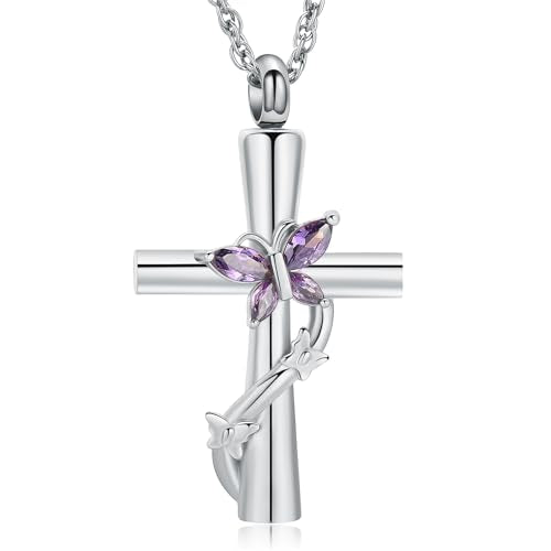 shajwo Butterfly Cross Urn Necklaces for Ashes for Women Men - color: Silver-Purple