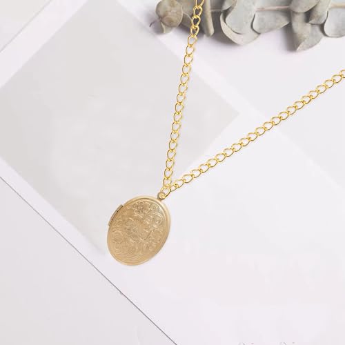 Vintage Engraved Flower Empaistic Photo Locket Hold Picture Oval Round Pendant Necklace Antique Carved Pattern Souvenir Memorial Clavicle Jewelry for Women