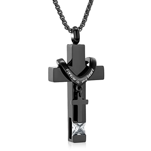Oinsi Black Cross Urn Necklace For Ashes Of Loved Ones With Birthstone Always In My Heart Cremation Jewelry Keepsake Pendant Women Men - color: Clear Stone