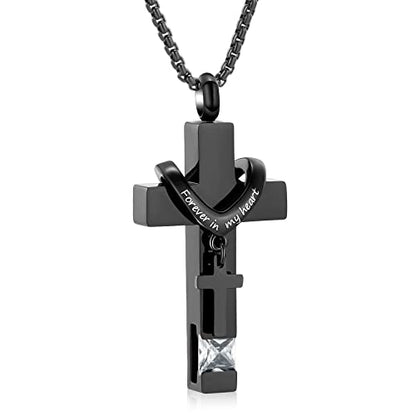 Oinsi Black Cross Urn Necklace For Ashes Of Loved Ones With Birthstone Always In My Heart Cremation Jewelry Keepsake Pendant Women Men - color: Clear Stone