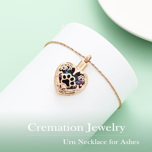 Yinplsmemory Pet Urn Necklace Pendant Jewelry for Dog Cat Memorial Crystal Heart Cremation Jewelry with Paw Print Ashes Keepsake Funeral Jewelry - color: Rose gold-purple