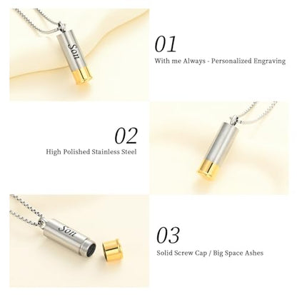 Oinsi Shotgun Shell Cremation Jewelry Urn Necklace For Ashes Of Loved Ones -Dad/Mom/Son/Grandma/Grandpa Cylinder Memorial Locket Pendant Necklace - color: Son