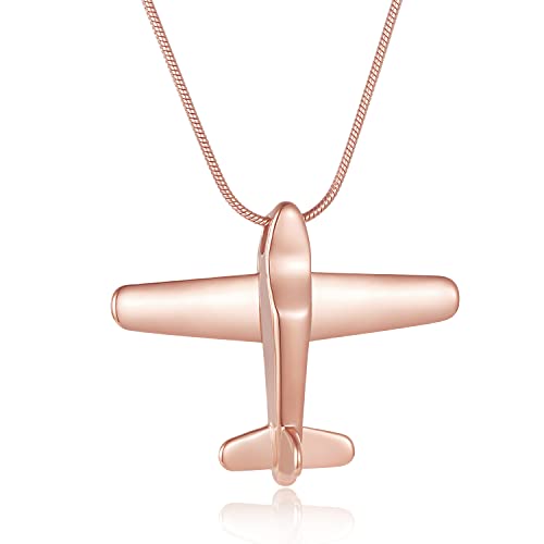 Airplane Ashes Necklace Aircraft Cremation Urn Necklace for Ashes Pendant Stainless Steel Keepsake Memorial Jewelry for Women Men - color: Rose gold