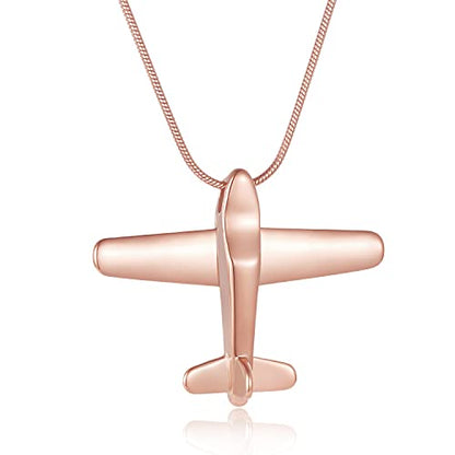 Airplane Ashes Necklace Aircraft Cremation Urn Necklace for Ashes Pendant Stainless Steel Keepsake Memorial Jewelry for Women Men - color: Rose gold
