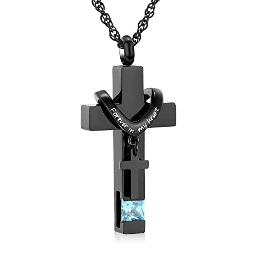 shajwo Cross Urn Necklace for Ashes Birthstone Rose Flower Cremation Jewelry for Women Gilrs Keepsake Memorial Ashes Pendant - color: A-Light Blue