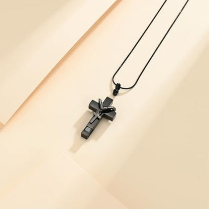 Cross Cremation Jewelry Urn Necklace for Human Ashes for Women Men Memorial Ashes Keepsake Birthstone Pendant - color: Black-Black