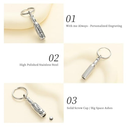 Oinsi Beer Bottle Cremation Jewelry for Ashes Stainless Steel Cylinder Tube Memorial Urn Necklace Keepsake Pendant Jewelry for Human Ashes with Filling Kits - color: A-Keychain-Silver