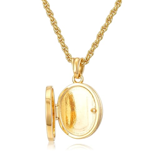 THE BLING KING Gold Plated Locket Pendant Necklace with 2.5mm Rope Chain – 20 Inch Personalised Keepsake Jewellery for Women, Memory Photo Holder, Sentimental Gift