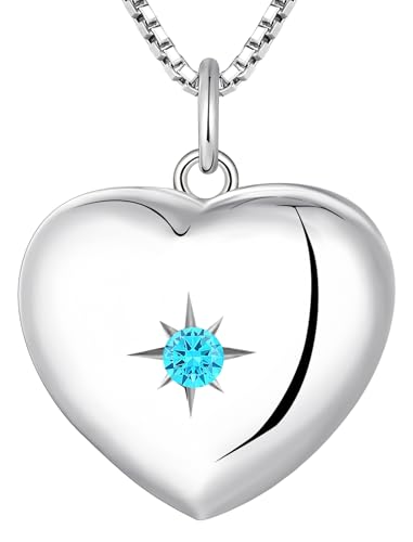 YL Heart Locket Picture Necklace Sterling Silver Personalized Photo Pendant Birthstone Jewelry for Women - color: 03-aquamarine-Mar