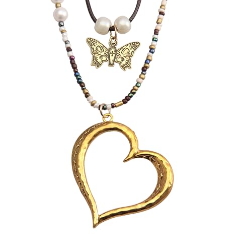 PU Leather Necklace Vintage Boho Multilayer Pendant for Women Men | Bohemian Hippie Style, Handmade Alloy Sweater Choker, Easy Adjustable Long Cord, Fit Daily Holiday Party Outfits,Jewelry Gift - color: Butterfly & Heart Layered Necklaces