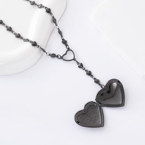 Personalized Heart Locket Necklace for Women Stainless Steel- Heart Necklace - color: Black-E