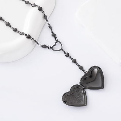 Personalized Heart Locket Necklace for Women Stainless Steel- Heart Necklace - color: Black-E