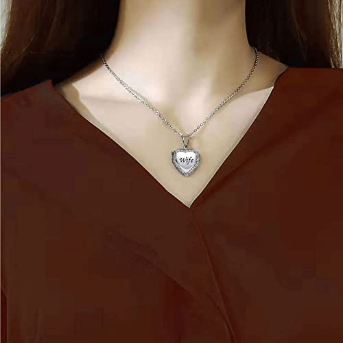 KunBead Women's Love Heart Photo Locket Necklace with Picture inside Jewelry Pendant Necklace for Auntie Friend Dad Daughter Granddaughter Nana Sister Wife Mom Grandma - style: Wife