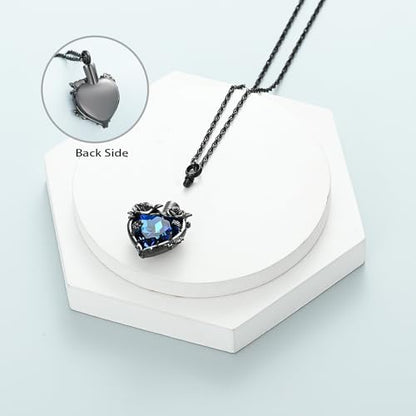 shajwo Cremation Jewelry Rose Flower Heart Urn Necklaces for Ashes for Women Memorial Human Ashes Pendant - color: Black-Blue