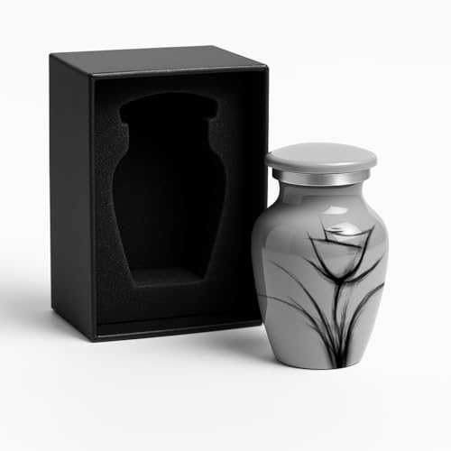 Custom Gray Flower Mini Urn – Personalized Text – Small 3" Keepsake Cremation Urn for Human Ashes – Drawn Tulip Design – Velvet Bag, Box & Funnel – Made in USA - color: Customized Gray, size: Small