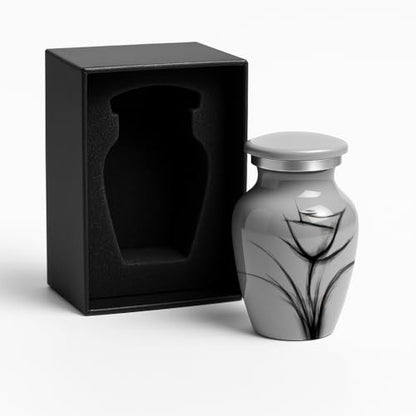Custom Gray Flower Mini Urn – Personalized Text – Small 3" Keepsake Cremation Urn for Human Ashes – Drawn Tulip Design – Velvet Bag, Box & Funnel – Made in USA - color: Customized Gray, size: Small