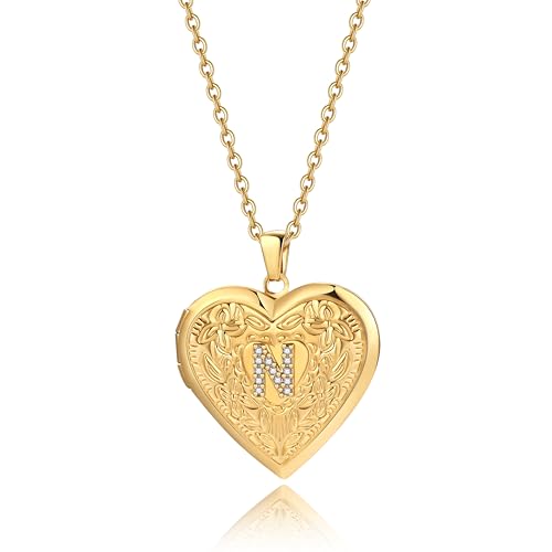 Badu Gold Initial A-Z Necklace for Women Heart Photo Lockets that Hold Picture Love Image Cubic Zirconia Necklace - color: N