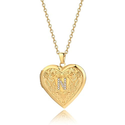 Badu Gold Initial A-Z Necklace for Women Heart Photo Lockets that Hold Picture Love Image Cubic Zirconia Necklace - color: N