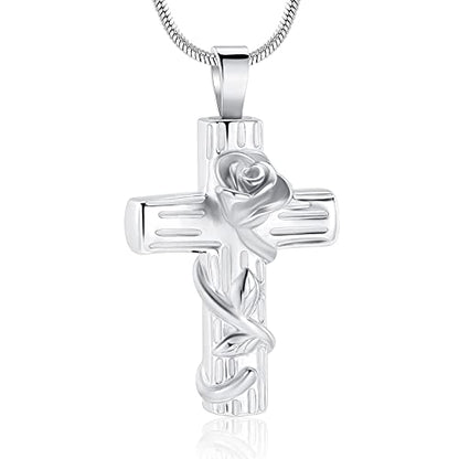 Minicremation Urn Necklace for Ashes Rose Flower Cross Cremation Jewelry Pendant for Human/Pet Funeral Keepsake Memorial Necklace - color: Silver