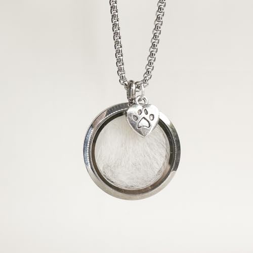 Cat Fur Keepsake Necklace, Ashes Hair Memory Urn with Charm, Glass Circle Memorial Pendant Necklace, Pet Cremation Memorial Jewelry for Women Men, Vial Necklace for Ashes