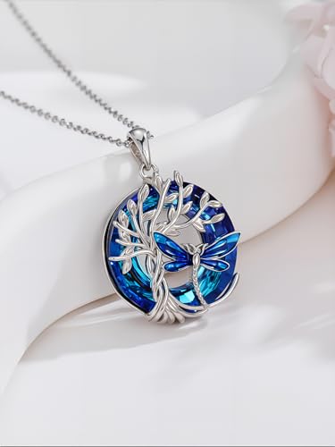 TOUPOP Butterfly Necklace for Women 925 Sterling Silver Tree of Life Butterflies Dragonfly Hummingbird Pendant Necklaces Crystal Jewelry Anniversary Christmas Birthday Gift for Her - color: Dragonfly Blue