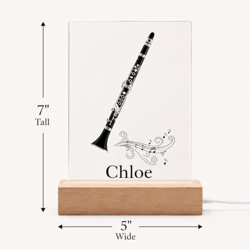 MIRROR MANIA Personalized Clarinet Night Light, Custom Name Music Lamp for Clarinet Players & Music Lovers, Clear Acrylic with Wood Base, Soft White LED, USB Powered, Handmade in USA