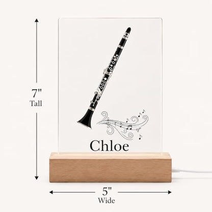 MIRROR MANIA Personalized Clarinet Night Light, Custom Name Music Lamp for Clarinet Players & Music Lovers, Clear Acrylic with Wood Base, Soft White LED, USB Powered, Handmade in USA