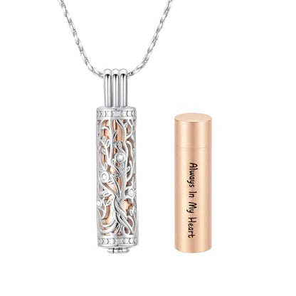 Cylinder Urn Necklace Crystal Tree of Life Cremation Jewelry Pendant for Women Men Vial Cremation Ash Pendant Loved One Memorial Jewelry with Mini Keepsake Urn Ash - Always In My Heart - color: Silver-Rose Gold-Always In My Heart