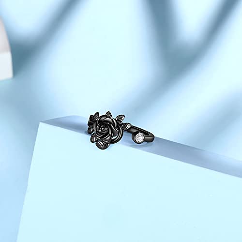 Jewmon Adjustable Flower Rose Ring for Women 925 Sterling Silver/Gold Plated Rose Flower Open Ring Elegant Promise Ring for Women Romantic Jewelry for Birthday Valentine Christmas Day Gifts - color: C,Rose Ring - Black Gold Plated