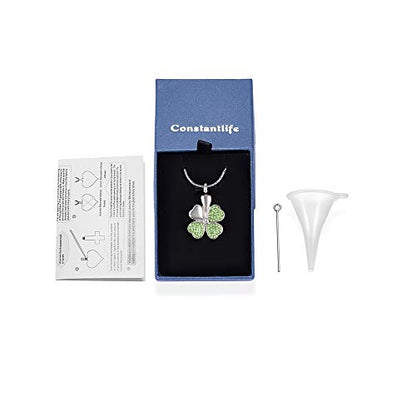 constantlife Cremation Jewelry Memorial Urn Necklace for Ashes Lucky Four-Leaf Clover Design Stainless Steel Pendant Keepsake - color: Silver+Light Green