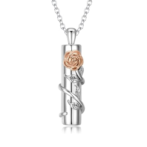 Rose Flower Urn Necklace for Ashes Stainless Steel Cylinder Ash Holder Pendant Cremation Jewelry for Ashes - color: Rose Gold