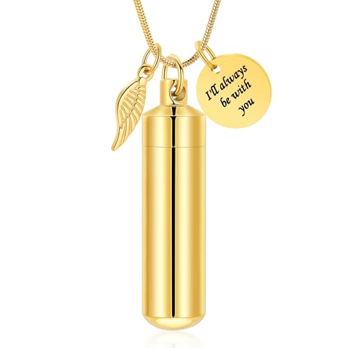 Cylinder Urn Necklace for Ashes with Glass Vials Cremation Jewelry Stainless Steel Ash Holder Keepsake Memorial Jewelry with Fill Tool - color: Gold-B