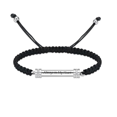 Hearbeingt Cylinder Cremation Bracelet for Ashes Adjustable Rope Urn Bangle - color: C-Silver-Always in My Heart