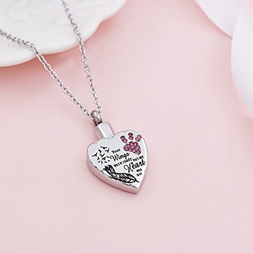 Fashion Pet Cremation Jewelry Stainess Steel Heart Keepsake Ashes Necklace Dog Cat Paw Memorial Urn Pendant - color: Silver-Feather-Pink