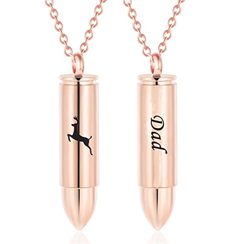 SIYUU Bullet Cremation Jewelry for Ashes Vial Deer Engraved Urn Necklace Stainless Steel Ash Container Keepsake Pendant Memorial Jewelry for Men Women - color: Rose Gold-Dad