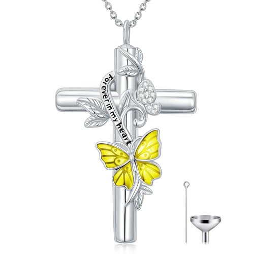 SOULMEET Enamel Butterfly Cross Urn Necklace for Ashes, Cross Moissanite Butterfly Ashes Necklaces with Forever in My Heart Engraved Keepsake Cremation Locket Jewelry for Women Men - color: G-Beige, style: Non Custom