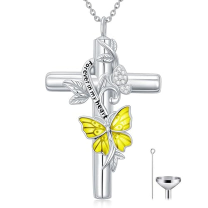 SOULMEET Enamel Butterfly Cross Urn Necklace for Ashes, Cross Moissanite Butterfly Ashes Necklaces with Forever in My Heart Engraved Keepsake Cremation Locket Jewelry for Women Men - color: G-Beige, style: Non Custom