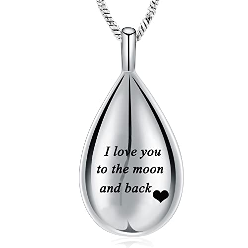 Yinplsmemory Carved Teardrop Keepsake Ashes Necklace Urn Pendant Cremation Memorial Jewelry-Always in my heart - color: Silver-I love you