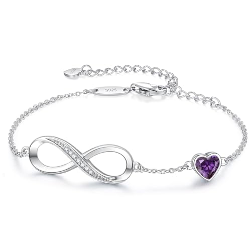 CDE 925 Sterling Silver Infinity Birthstone Bracelet Jewelry Gift for Women | Hypoallergenic,Non Tarnish,Heart CZ,Nickel-Free & Lead-Free,Anniversary Christmas Birthday Idea Gifts for Wife Girlfriend Her - color: 02-Feb.