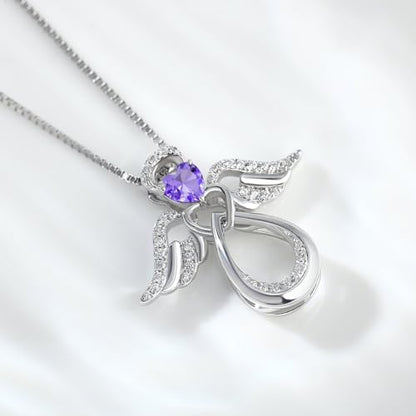 925 Sterling Silver Guardian Angel Pendant Necklace for Women with Birthstone Cubic Zirconia Little Angel Pendant Necklace Jewelry 18 inch Chain - color: 02-Feb-Amethyst