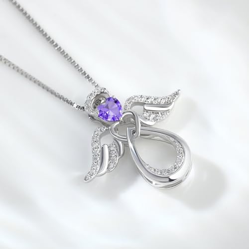 925 Sterling Silver Guardian Angel Pendant Necklace for Women with Birthstone Cubic Zirconia Little Angel Pendant Necklace Jewelry 18 inch Chain - color: 02-Feb-Amethyst