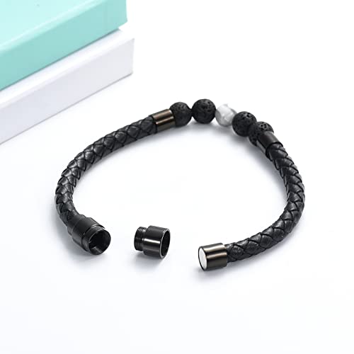 shajwo Cremation Jewelry Lava Stone Urn Bracelet for Ashes for Women Men Chakra Healing Balancing Genuine Leather Memorial Bracelets - color: 2PCS-Black