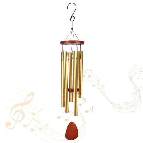 Memorial Wind Chimes for Loss of Loved One, 32 Inch Sympathy Wind Chimes with 6 Harmoniously Tuned Aluminum Tubes & Weather-Resistant Wood, Deep Tone Chime for Garden Patio Funeral Gift, (32'' Golden)