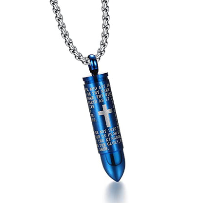 Mens Urn Necklace For Ashes Bullet Shape Cross Cremation Urn Jewelry - color: Blue Tone
