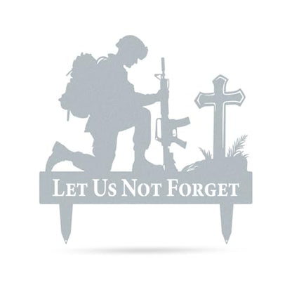 RealSteel Let Us Not Forget Fallen Soldier Kneeling at Cross Metal Garden Stake - Memorial Day Military Yard Sign - Handmade in Texas - American Steel - Powder Coated (TS-24) - color: Textured Silver