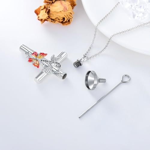 SOULMEET Enamel Butterfly Cross Urn Necklace for Ashes, Cross Moissanite Butterfly Ashes Necklaces with Forever in My Heart Engraved Keepsake Cremation Locket Jewelry for Women Men - color: C-Red, style: Custom Engraved